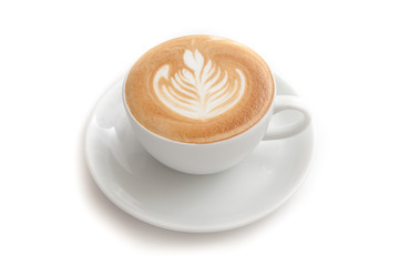 Coffee cup of rosetta latte art on white background isolated