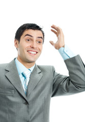 Happy gesturing businessman , over white
