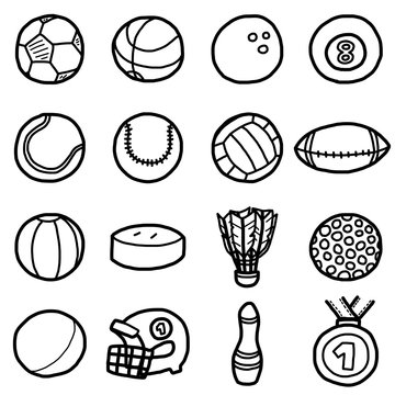 sport balls, icons set / cartoon vector and illustration, hand drawn style, black and white, isolated on white background.