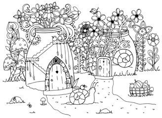 Vector illustration zentangl, Snail and the house. Doodle drawing pen. Coloring page for adult anti-stress. Black and white.