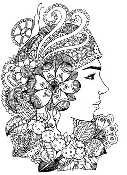 Vector illustration zentangl girl in the floral frame. Doodle drawing. Meditative exercise. Coloring book anti stress for adults. Black white.