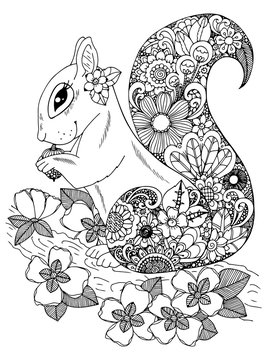 Vector illustration zentangl, squirrel with flowers. Doodle drawing. Coloring page Anti stress for adults and children. Black and white.