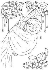 Vector illustration of handmade work, zentangl the sloth on a tree. Doodle drawing. Coloring page Anti stress for adults. Black and white. © tanvetka