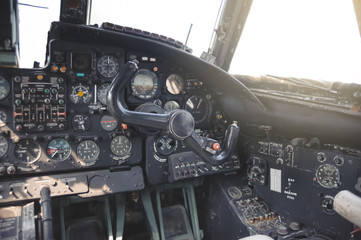 Airplane Cockpit Equipment with indicators, buttons, and instruments.