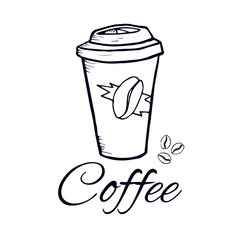 Coffee paper cup with coffee beans. Sketch. Vector isolated image. For coffee shop, shops, web, print.
