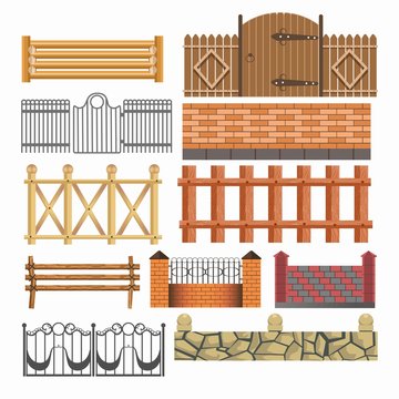 Gate, fences and hedges metal, stone, wood vector icons set