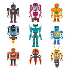Robots and transformers retro cartoon toys flat icons set