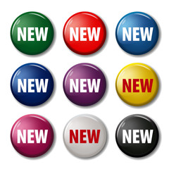 Set of colored round buttons with word 'New'. Circle labels for new products in online shops. Design elements on white background with transparent shadow. 