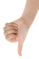 Female hand showing thumb up ok all right victory hand sign gesture. Gestures and signs. Body language on white background