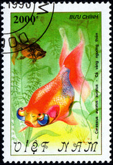 VIETNAM - CIRCA 2017: A Stamp printed in Vietnam shows beautiful fish Carassius auratus auratus, series Goldfish, circa 1990