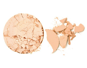 Collage of cosmetics foundation powder on white background. Beauty and makeup concept.