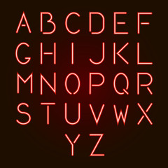 Glowing red neon alphabet letters from A to Z. Vector illustration.