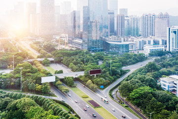 Naklejka premium urban traffic with cityscape in modern city of China.