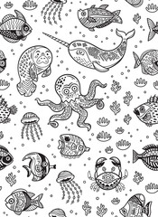 Fototapeta premium Aquatic animals seamless pattern for children coloring book. Vector illustration