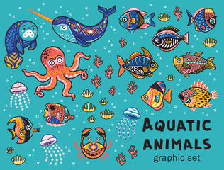 Fototapeta premium Aquatic animals vector collection