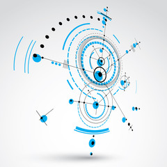 Fototapeta premium Vector Bauhaus abstract background made with grid and overlapping simple geometric elements, circles. 3d retro artwork, technology style blue graphic template for advertising poster.