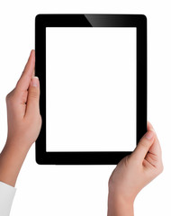Hand holding a tablet computer with white screen. Woman hands showing empty screen of modern digital tablet. Hand holding tablet pc isolated on white background with blank screen.