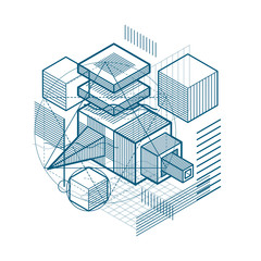 Abstract 3d shapes composition, vector isometric background. Composition of cubes, hexagons, squares, rectangles and different abstract elements.