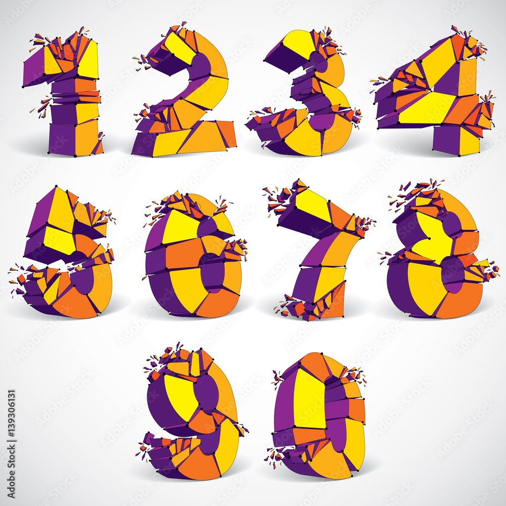 Fototapete set of abstract 3d faceted golden numbers with connected black lines and dots. vector low poly shatt