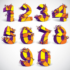 Set of abstract 3d faceted golden numbers with connected black lines and dots. Vector low poly shattered mathematics design elements with fragments and particles. Explosion effect.