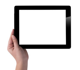 Hand holding a tablet computer with white screen. Woman hands showing empty screen of modern digital tablet. Hand holding tablet pc isolated on white background with blank screen.