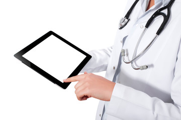 Female doctor hands holding tablet pcHand holding tablet pc isolated on white background with blank screen.