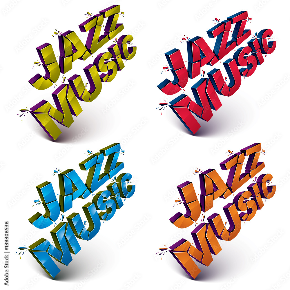 Fototapete set of 3d shattered vector jazz music words created with refractions. dimensional inscription with s