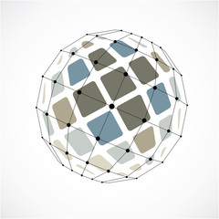 Vector dimensional wireframe low poly object, spherical colorful facet shape with black grid. Technology 3d mesh element made using squares for use as design form in engineering.