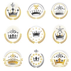 Imperial Crowns emblems set. Heraldic Coat of Arms, vintage vector logos collection.