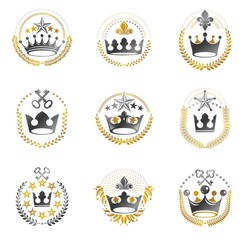 Royal Crowns emblems set. Heraldic Coat of Arms decorative logos isolated vector illustrations collection.