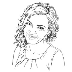 Portrait of delicate good-looking woman, black and white vector drawing. Emotional expressions idea image.  Caucasian type model posing for portrait.