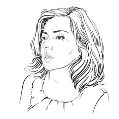 Monochrome vector hand-drawn image, amazed young woman. Black and white illustration of white skin serious girl.