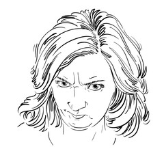 Vector portrait of angry woman with wrinkles on her forehead, illustration of good-looking but irate female. Person emotional face expression.
