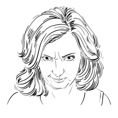 Hand-drawn portrait of white-skin arrogant woman with wrinkles on her forehead, face emotions theme illustration. Angry lady posing on white background.