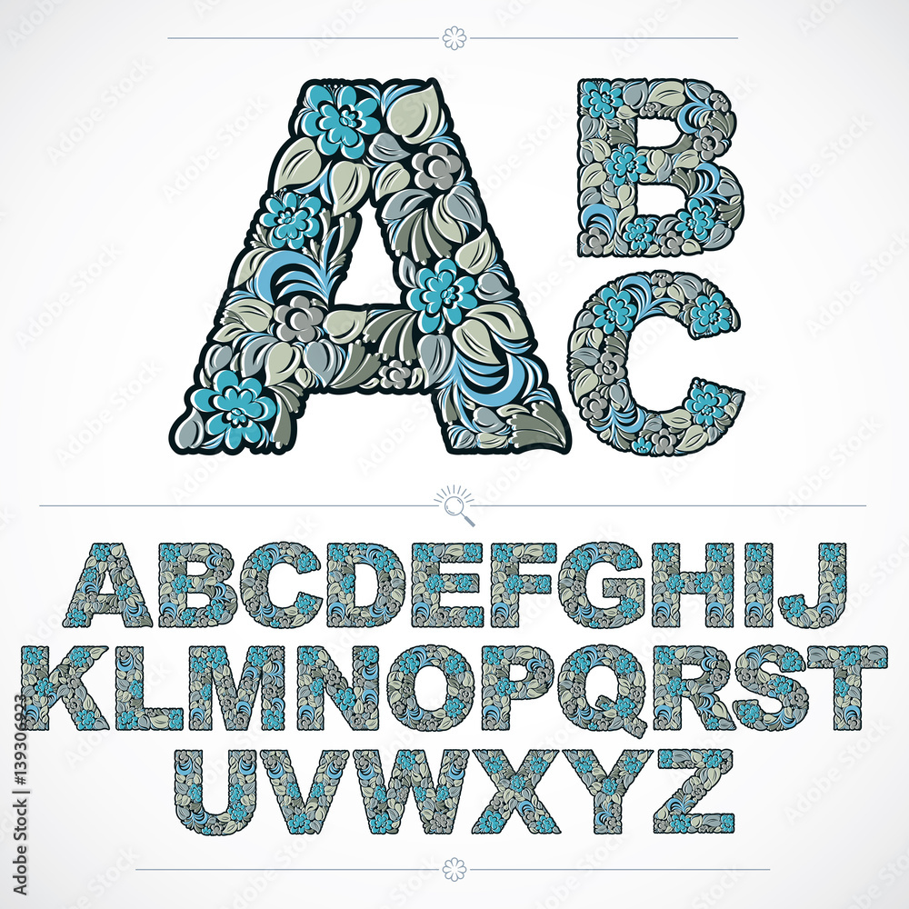 Fototapete set of vector ornate capitals, flower-patterned typescript. blue characters created using herbal tex