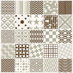 Vector graphic vintage textures created with squares, rhombuses and other geometric shapes. Seamless patterns collection best for use in textiles design.