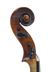 one violin image .old brown stringed wooden instrument isolated on the white background