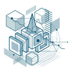 Obraz premium Isometric linear abstract vector background, lined abstraction. Cubes, hexagons, squares, rectangles and different abstract elements.