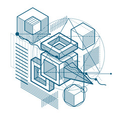 Vector background with abstract isometric lines and figures. Template made with cubes, hexagons, squares, rectangles and different abstract elements.