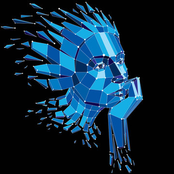 Smart person and mind concept, human head exploding and breaks into multiple fractures.3d vector illustration of thoughtful woman face created in low poly modernized style and with lines mesh.
