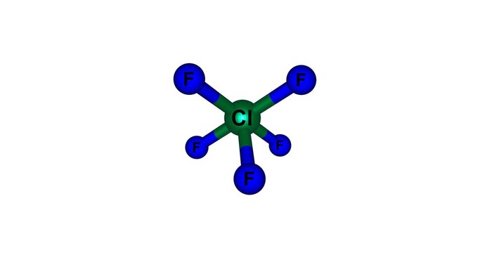 Chlorine pentafluoride molecular structure isolated on white