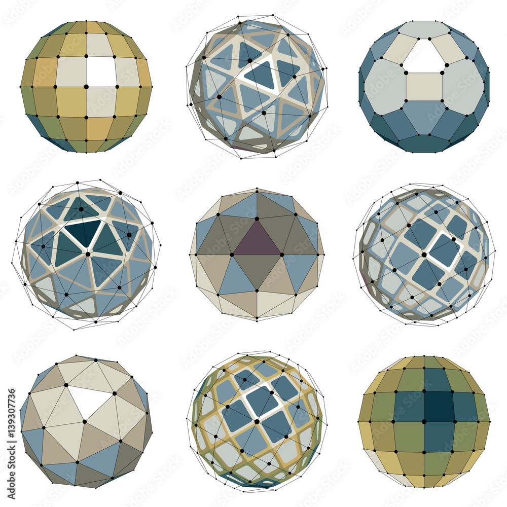 Fototapete collection of abstract vector low poly objects with lines and dots connected. set of futuristic ball
