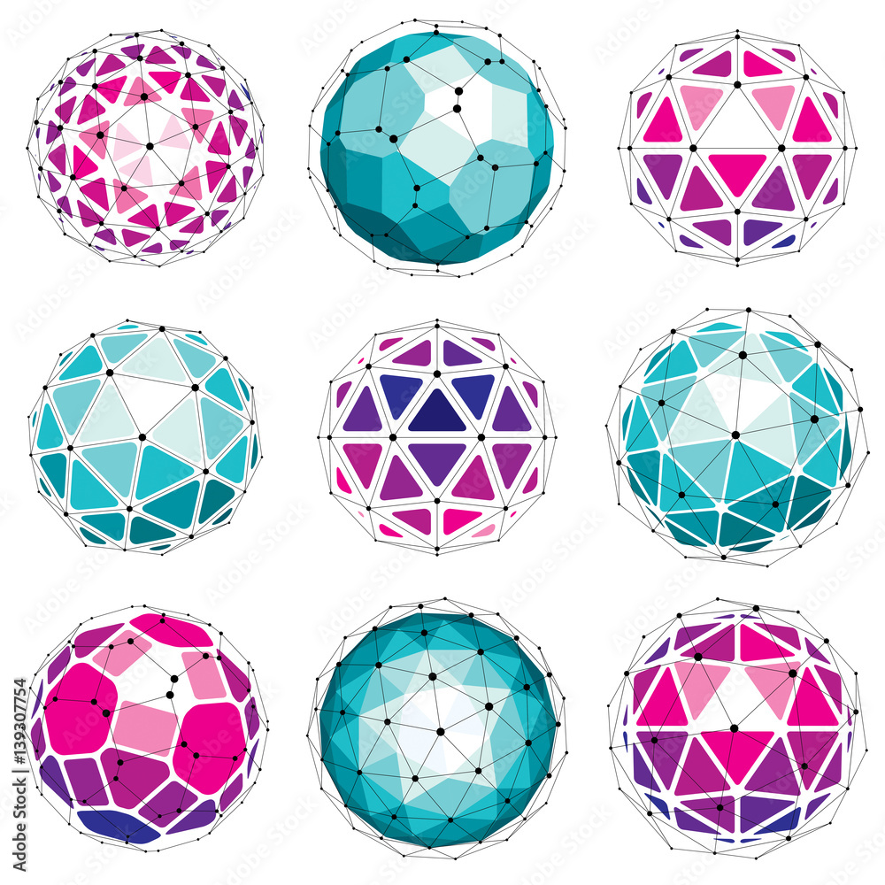 Poster set of vector dimensional wireframe low poly objects, spherical facet shapes with grid. technology 3