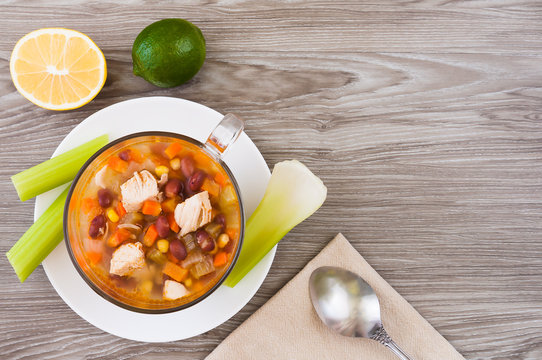 Mexican soup with chicken, celery and vegetables