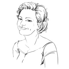 Vector drawing of smiling pleased woman with stylish haircut. Black and white portrait of attractive happy lady.