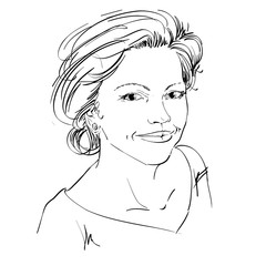 Monochrome vector hand-drawn image, romantic young woman. Black and white illustration of pensive girl.