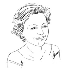Hand-drawn vector illustration of beautiful romantic woman. Monochrome image, expressions on face of young lady with short hair.