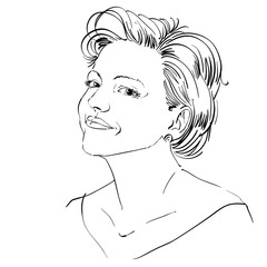 Monochrome vector hand-drawn image, peaceful young woman. Black and white illustration of confident girl.