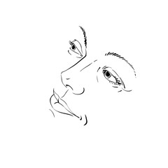 Hand-drawn illustration of woman face, black and white mask with emotions. Features of beautiful girl, posing for portrait.