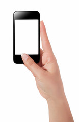 Hand with smart phone white screen isolated on white background with clipping path